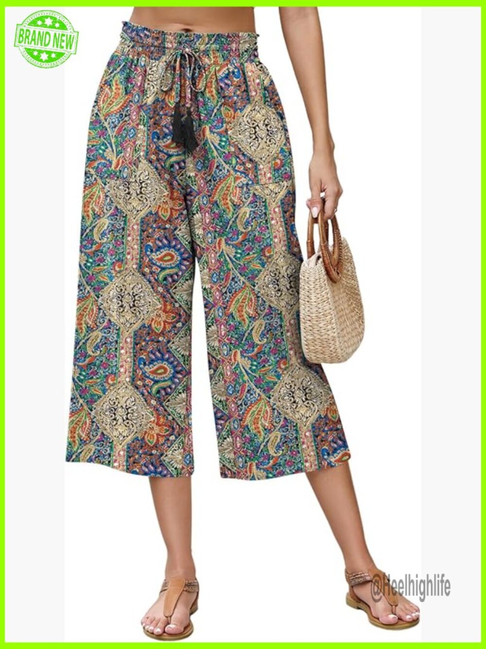 Linen Blend Wide Leg Capri Pants with Drawstring Waist Casual Cropped